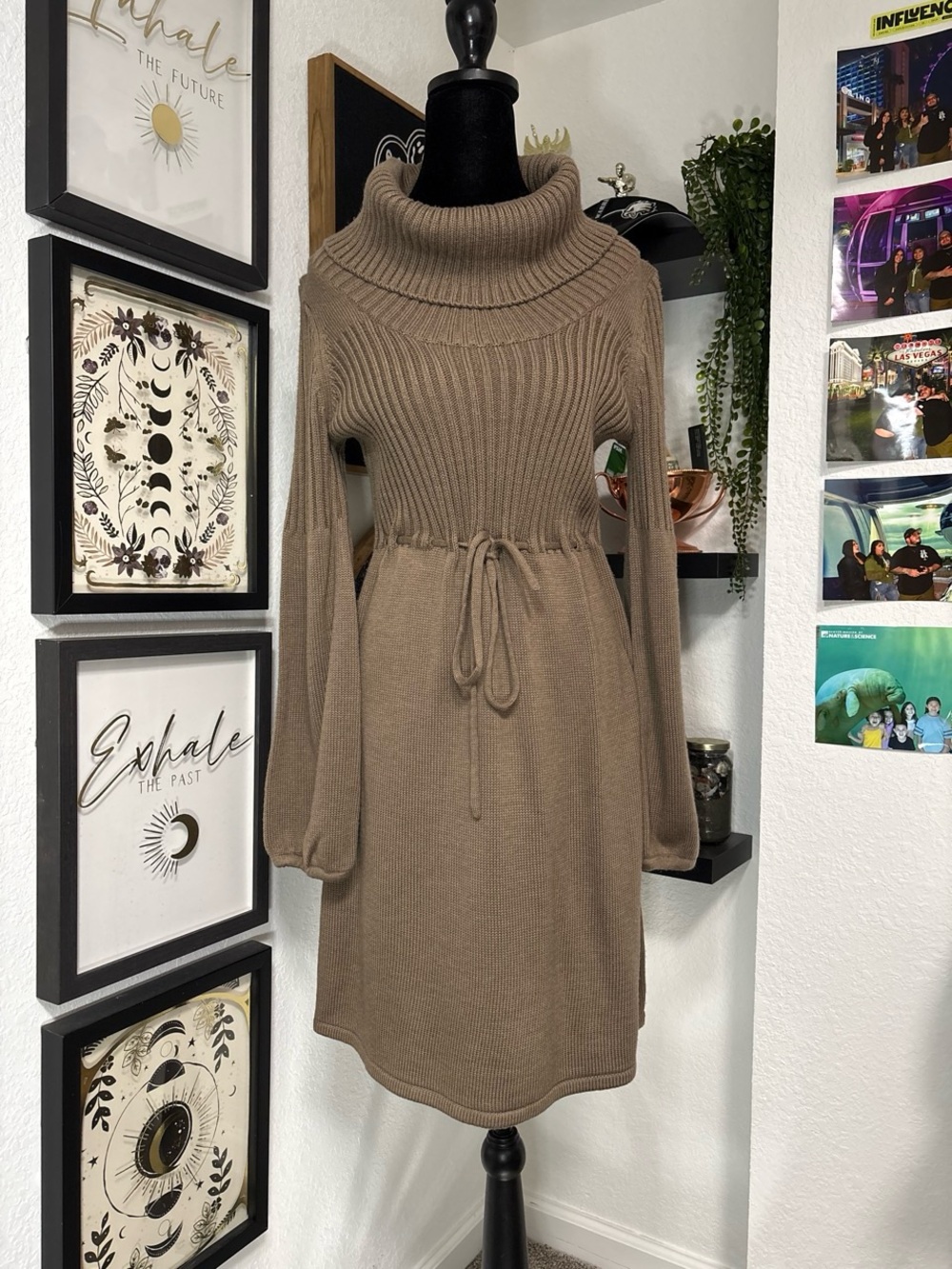 Calvin Klein Cowl Neck Sweater Dress Womens M Medium Taupe Brown Knit Tie Waist